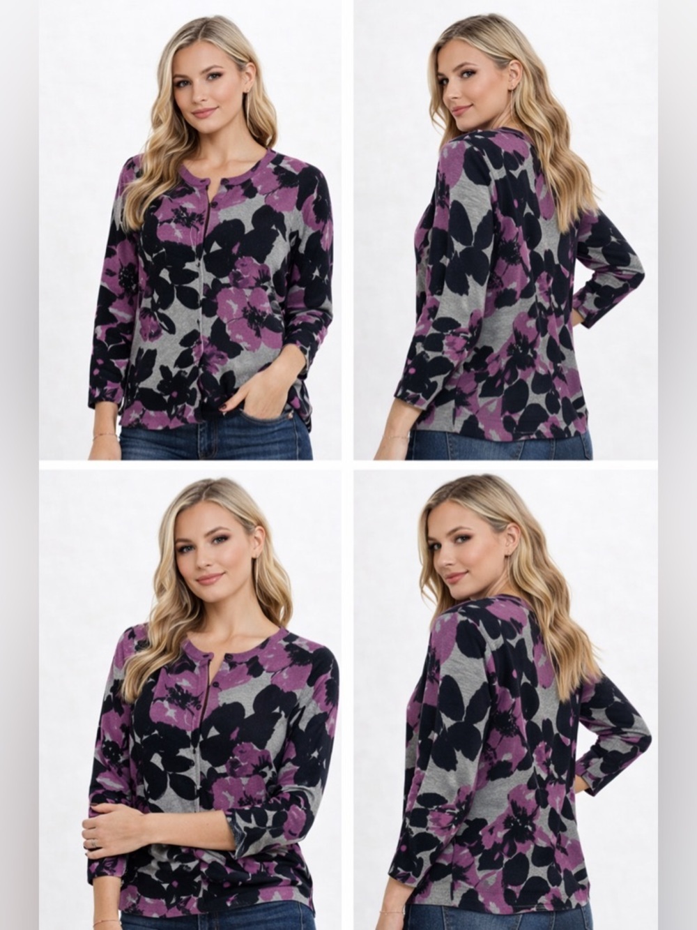 Croft & Barrow Floral Cardigan Sweater Women’s 1X Gray Purple Button Front